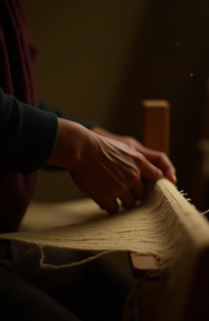 Manos de una artesana tejiendo en un telar tradicional
